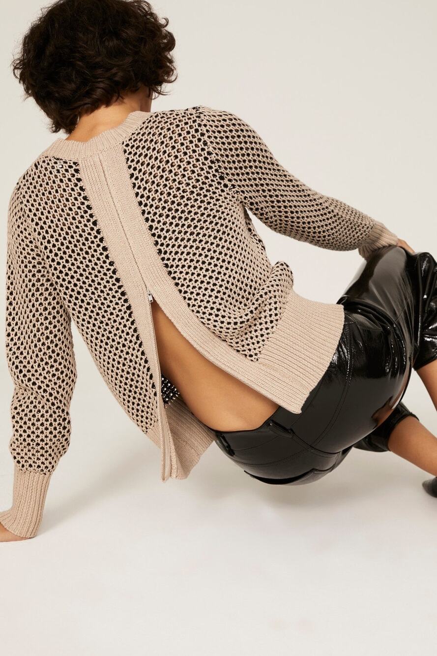 Thakoon Beige Black Honeycomb Knit Split Back Crewneck Long Sleeve Sweater Small